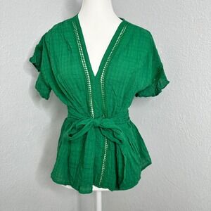 Max Studio Green Tie Front Top‎ Crochet Trim V Neck Blouse size small
